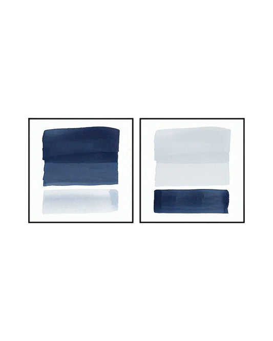 Two-piece diptych canvas wall art featuring abstract horizontal blocks of deep navy and pale blue watercolor.