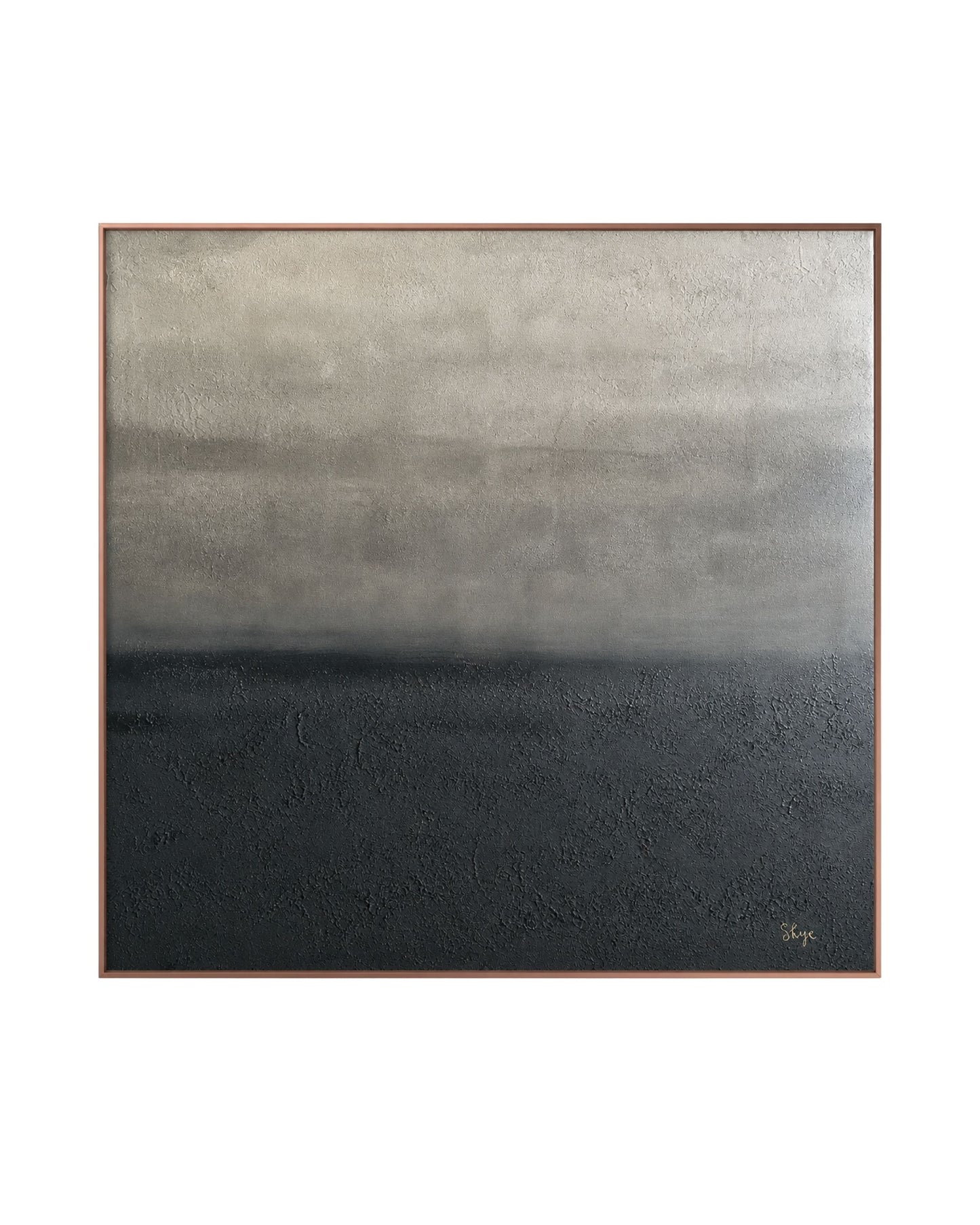 An abstract original hand-painted square canvas wall art panel by Skye titled Quiet Ascend, featuring a heavily textured dark charcoal bottom half that softly gradients into a smooth, misty warm grey and off-white upper field.