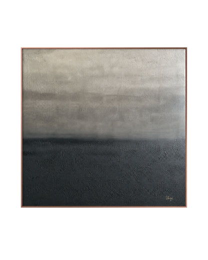 An abstract original hand-painted square canvas wall art panel by Skye titled Quiet Ascend, featuring a heavily textured dark charcoal bottom half that softly gradients into a smooth, misty warm grey and off-white upper field.