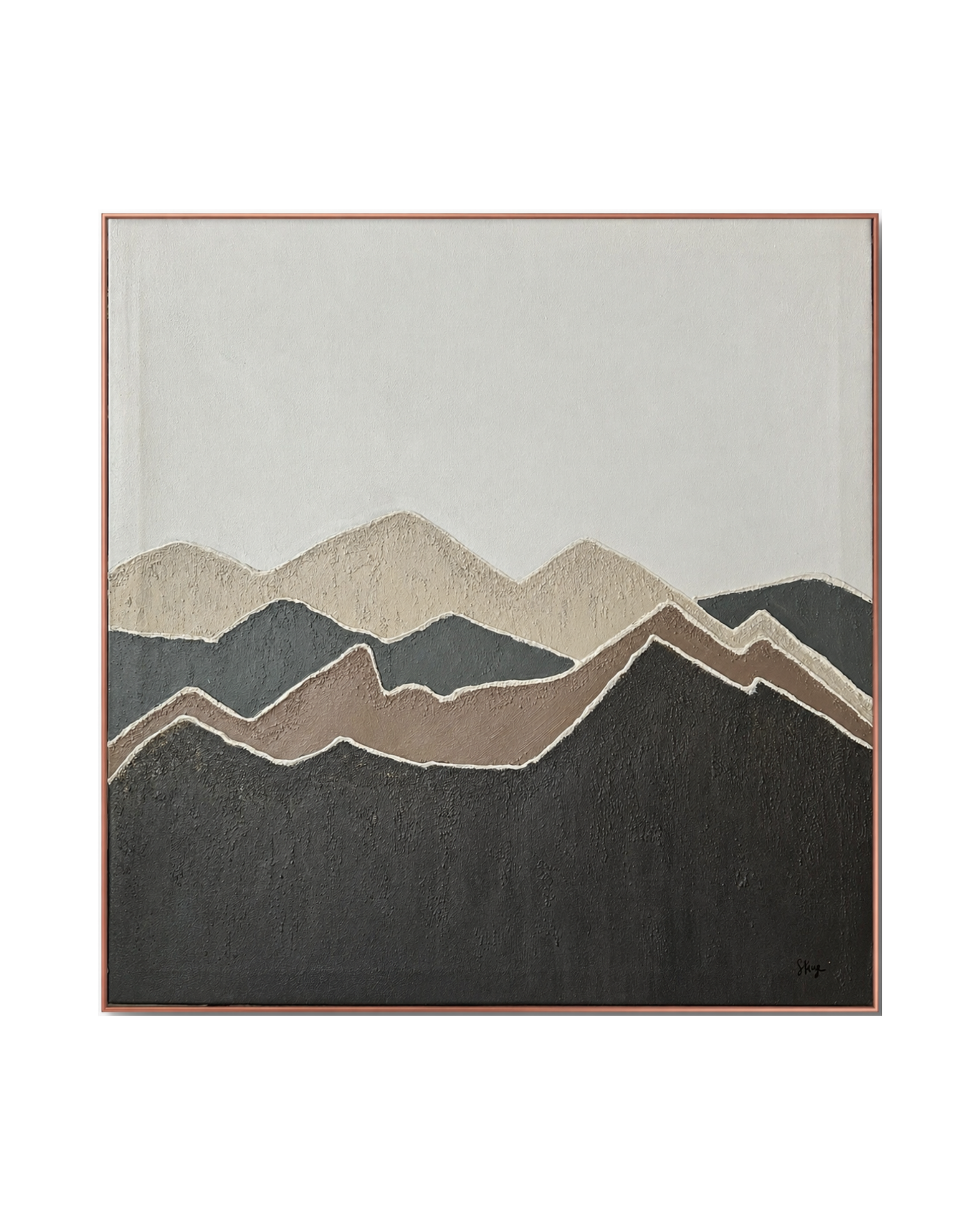 The Quiet Layers original hand-painted canvas wall art panel by Skye depicting an authentic textured mountain ridge landscape layout with charcoal, brown, and beige layers beneath a soft grey field for upscale living room decor.