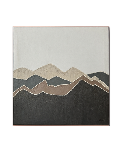 The Quiet Layers original hand-painted canvas wall art panel by Skye depicting an authentic textured mountain ridge landscape layout with charcoal, brown, and beige layers beneath a soft grey field for upscale living room decor.