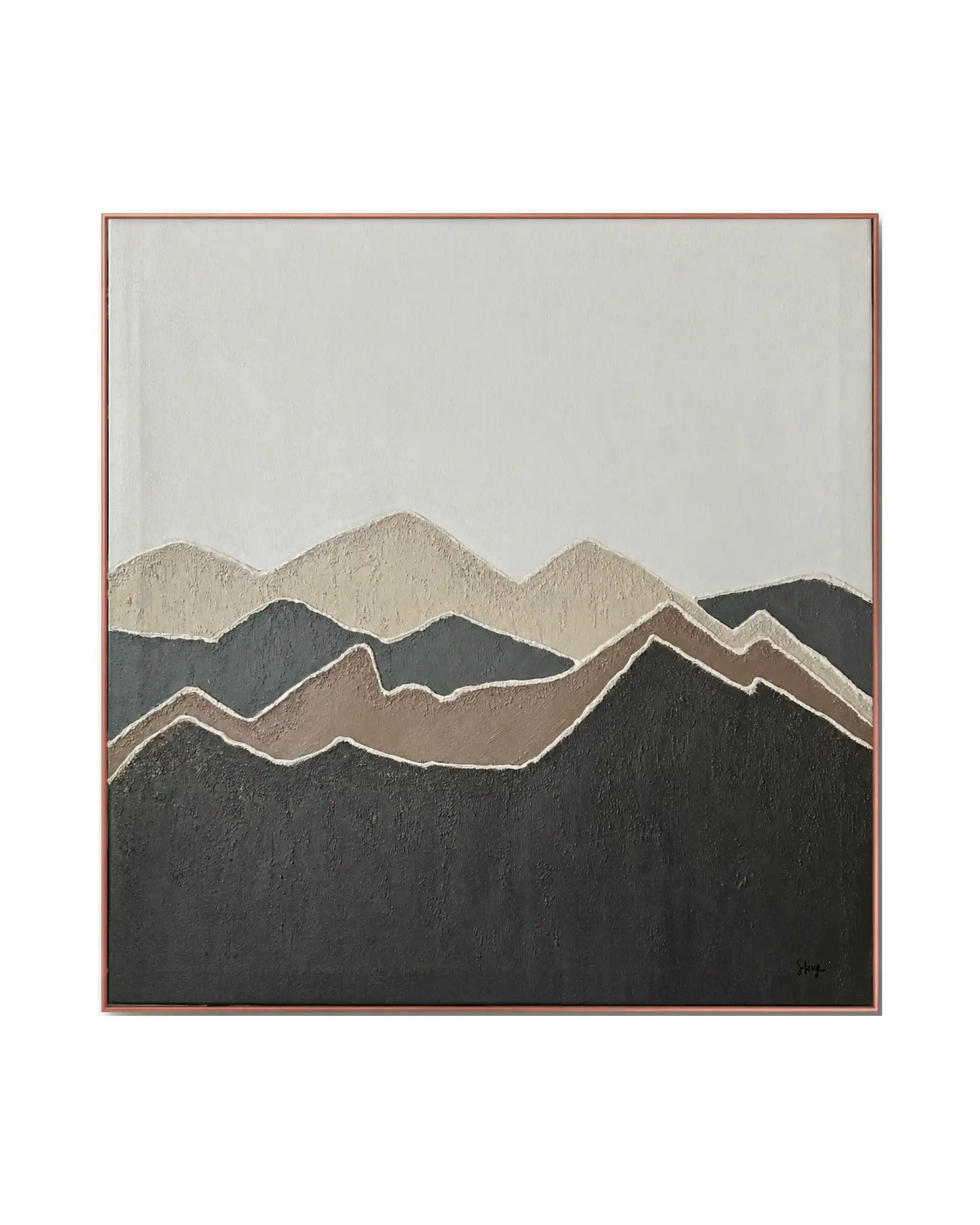 The Quiet Layers original hand-painted canvas wall art panel by Skye depicting an authentic textured mountain ridge landscape layout with charcoal, brown, and beige layers beneath a soft grey field for upscale living room decor.