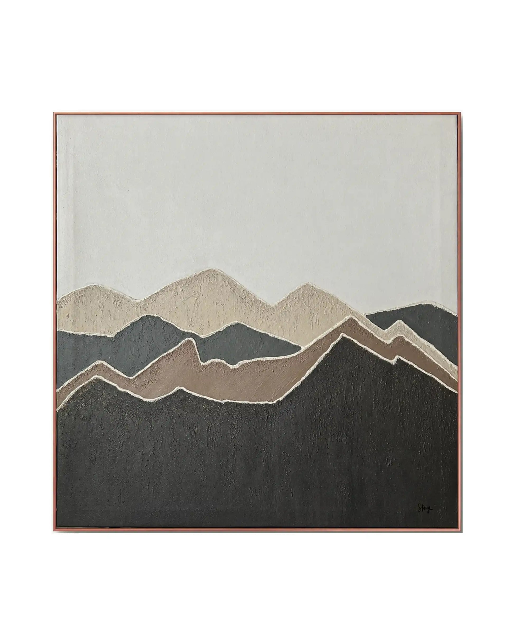 The Quiet Layers original hand-painted canvas wall art panel by Skye depicting an authentic textured mountain ridge landscape layout with charcoal, brown, and beige layers beneath a soft grey field for upscale living room decor.