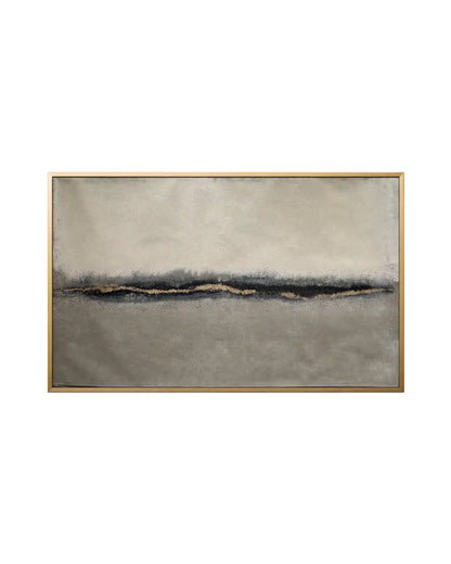The Quiet Rise original hand-painted canvas wall art panel by Skye depicting an authentic textured landscape layout with a soft grey background, a dark central horizontal band, and shimmering champagne gold foil accents for upscale living room decor.