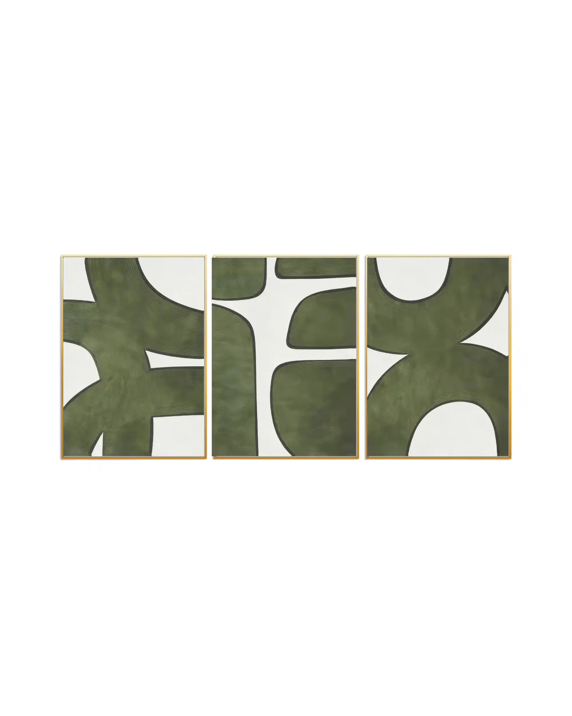An abstract 3-panel triptych canvas wall art print set depicting organic sage green geometric shapes and bold curved lines on an off-white background for modern home decor.