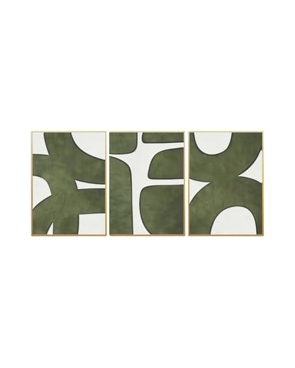 An abstract 3-panel triptych canvas wall art print set depicting organic sage green geometric shapes and bold curved lines on an off-white background for modern home decor.