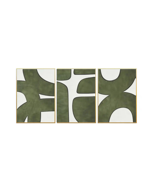 An abstract 3-panel triptych canvas wall art print set depicting organic sage green geometric shapes and bold curved lines on an off-white background for modern home decor.