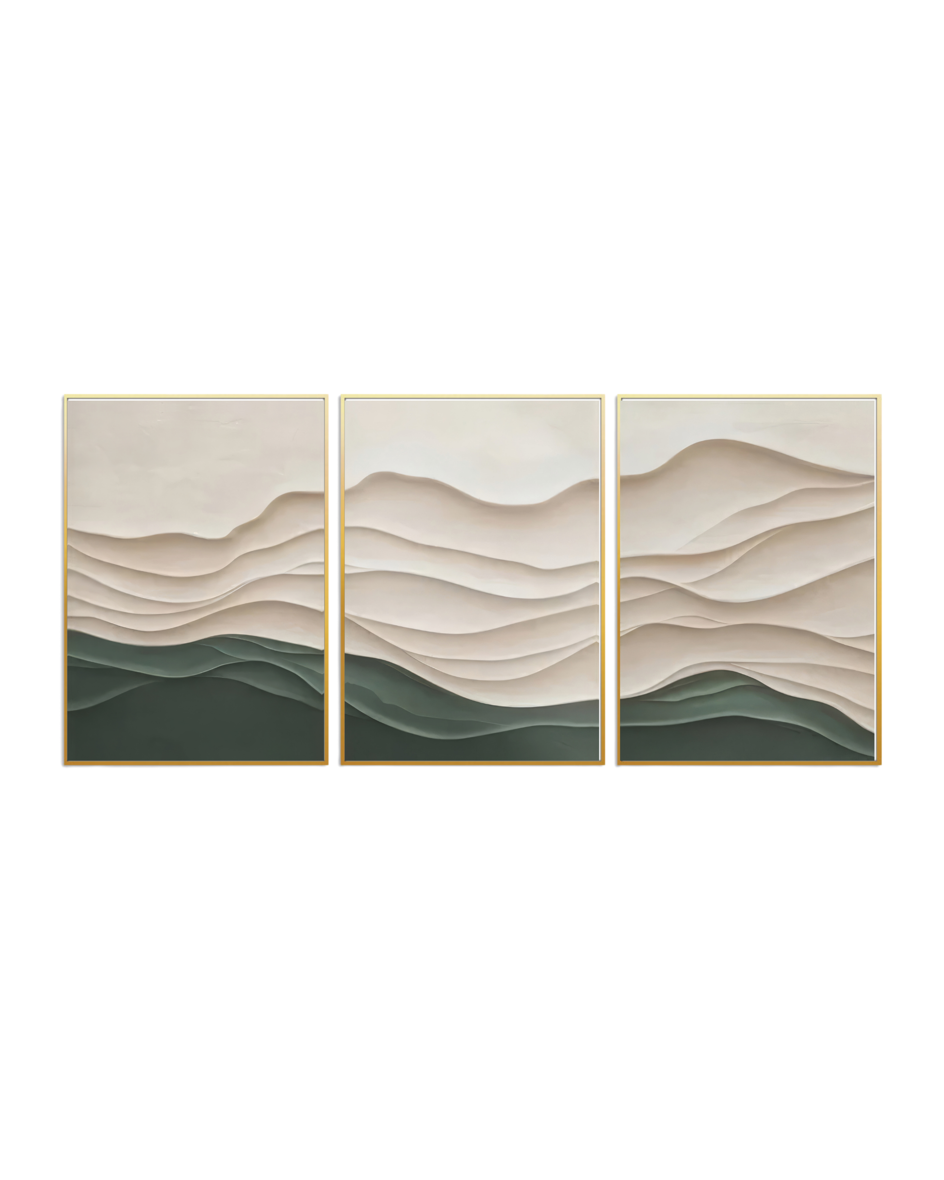 An abstract fluid 3-panel triptych canvas wall art print set depicting layered wave contours in deep sage green, taupe, beige, and cream for modern minimalist home decor.