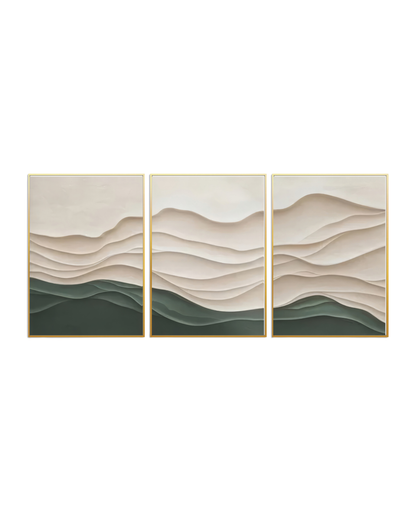 An abstract fluid 3-panel triptych canvas wall art print set depicting layered wave contours in deep sage green, taupe, beige, and cream for modern minimalist home decor.