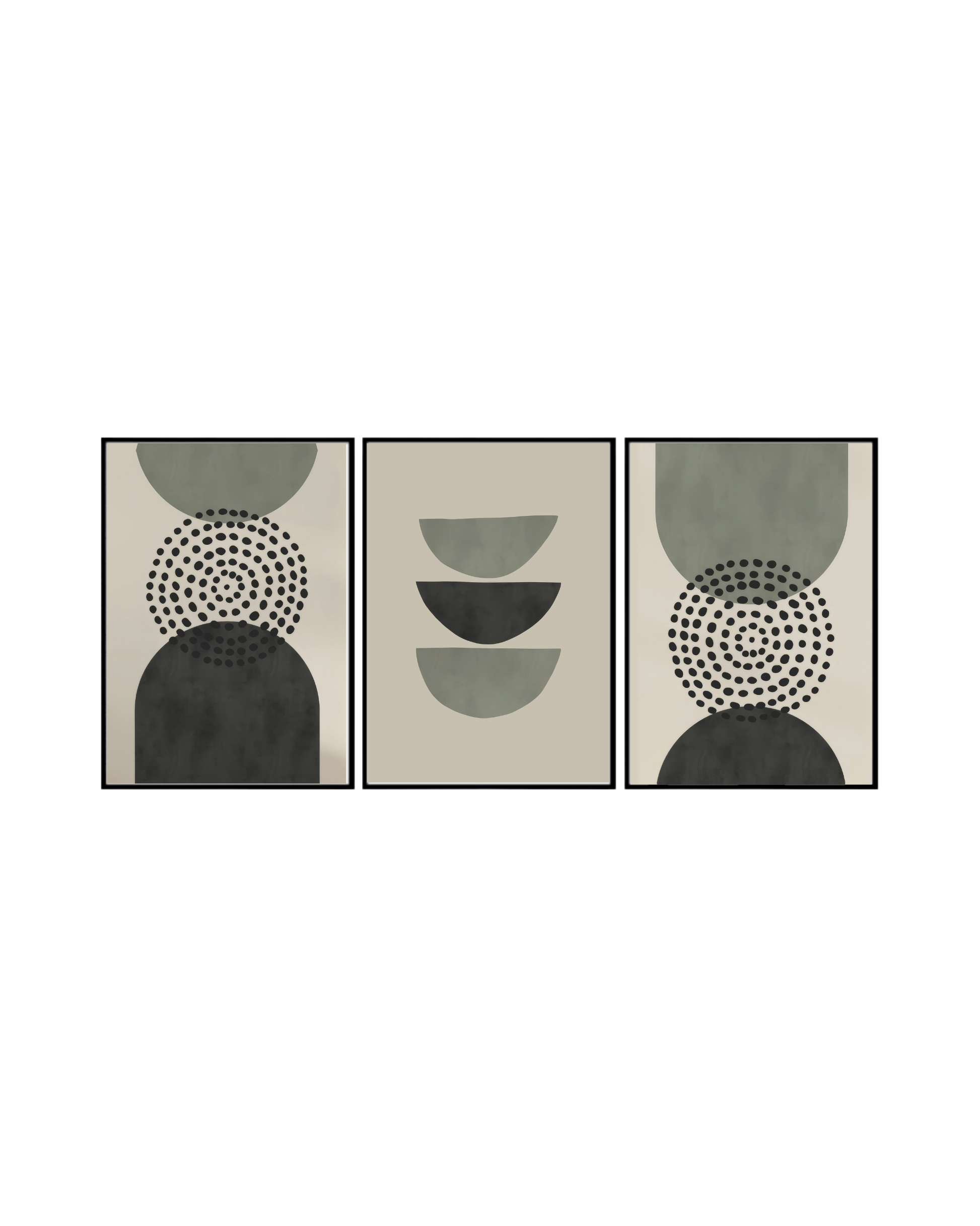 A geometric abstract 3-panel triptych canvas wall art print set depicting minimalist circular, crescent, and dotted pattern shapes in sage green, charcoal, and beige for Japandi home decor.