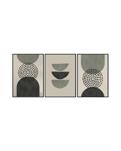 A geometric abstract 3-panel triptych canvas wall art print set depicting minimalist circular, crescent, and dotted pattern shapes in sage green, charcoal, and beige for Japandi home decor.
