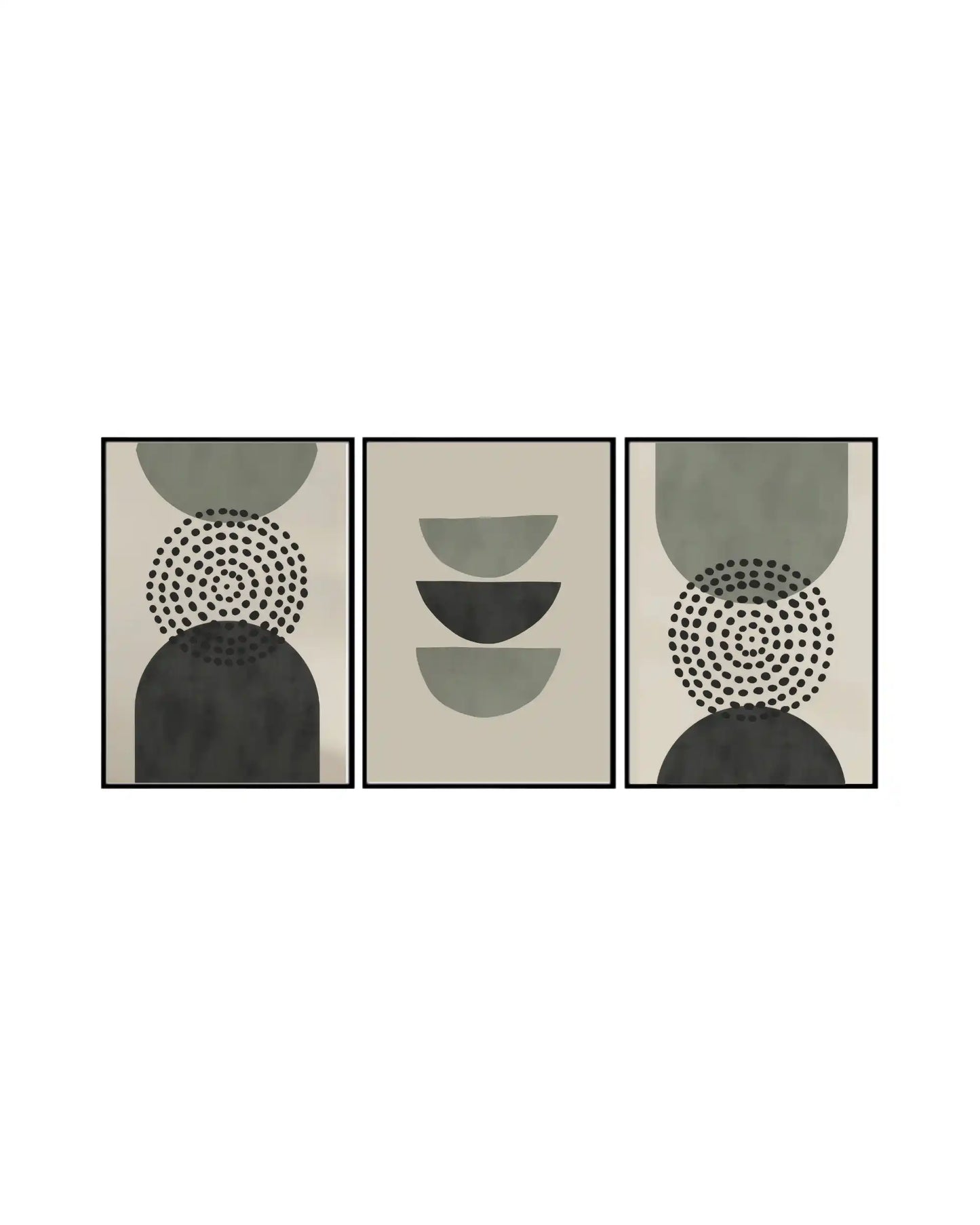 A geometric abstract 3-panel triptych canvas wall art print set depicting minimalist circular, crescent, and dotted pattern shapes in sage green, charcoal, and beige for Japandi home decor.