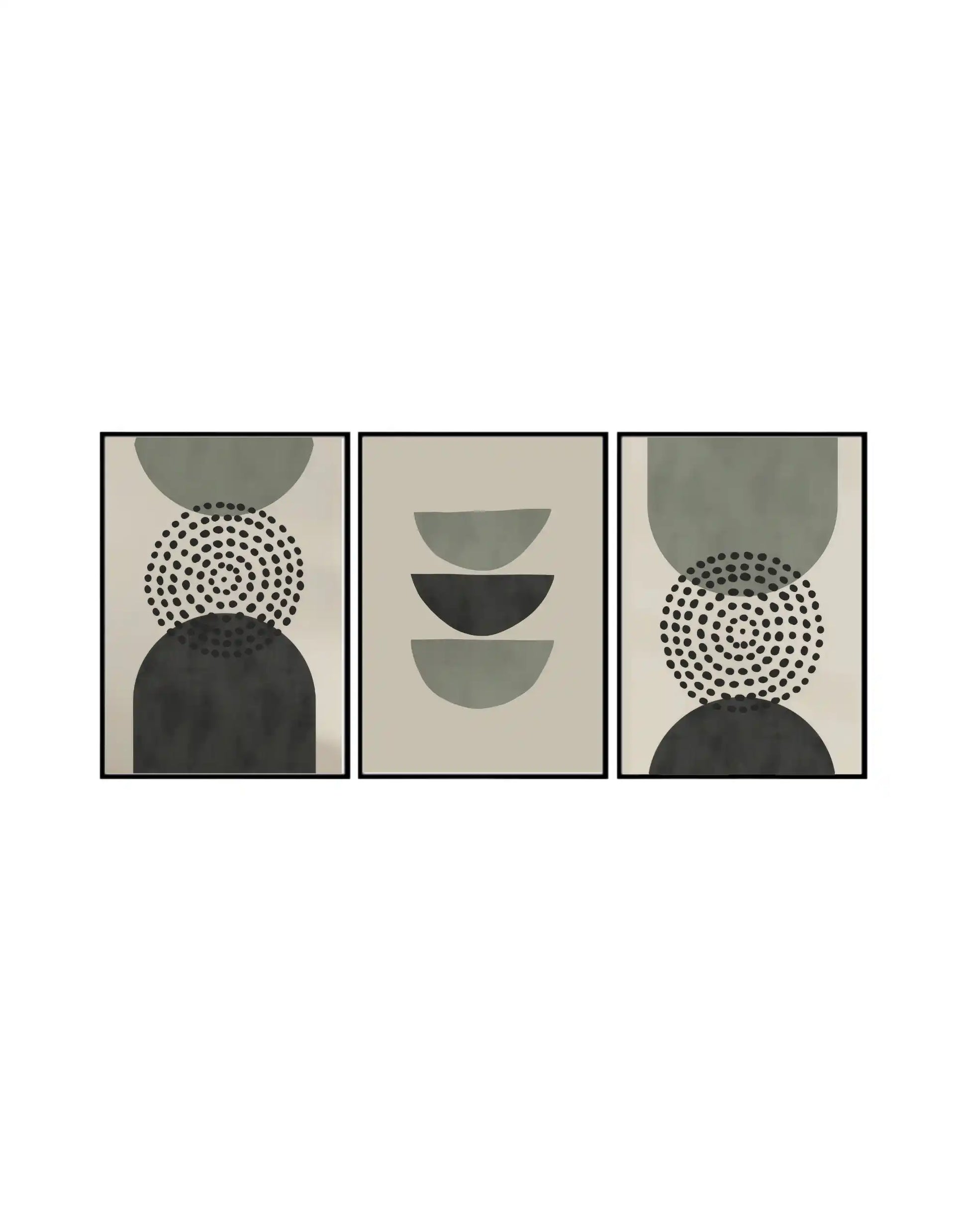 A geometric abstract 3-panel triptych canvas wall art print set depicting minimalist circular, crescent, and dotted pattern shapes in sage green, charcoal, and beige for Japandi home decor.