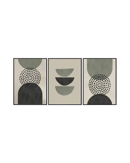 A geometric abstract 3-panel triptych canvas wall art print set depicting minimalist circular, crescent, and dotted pattern shapes in sage green, charcoal, and beige for Japandi home decor.