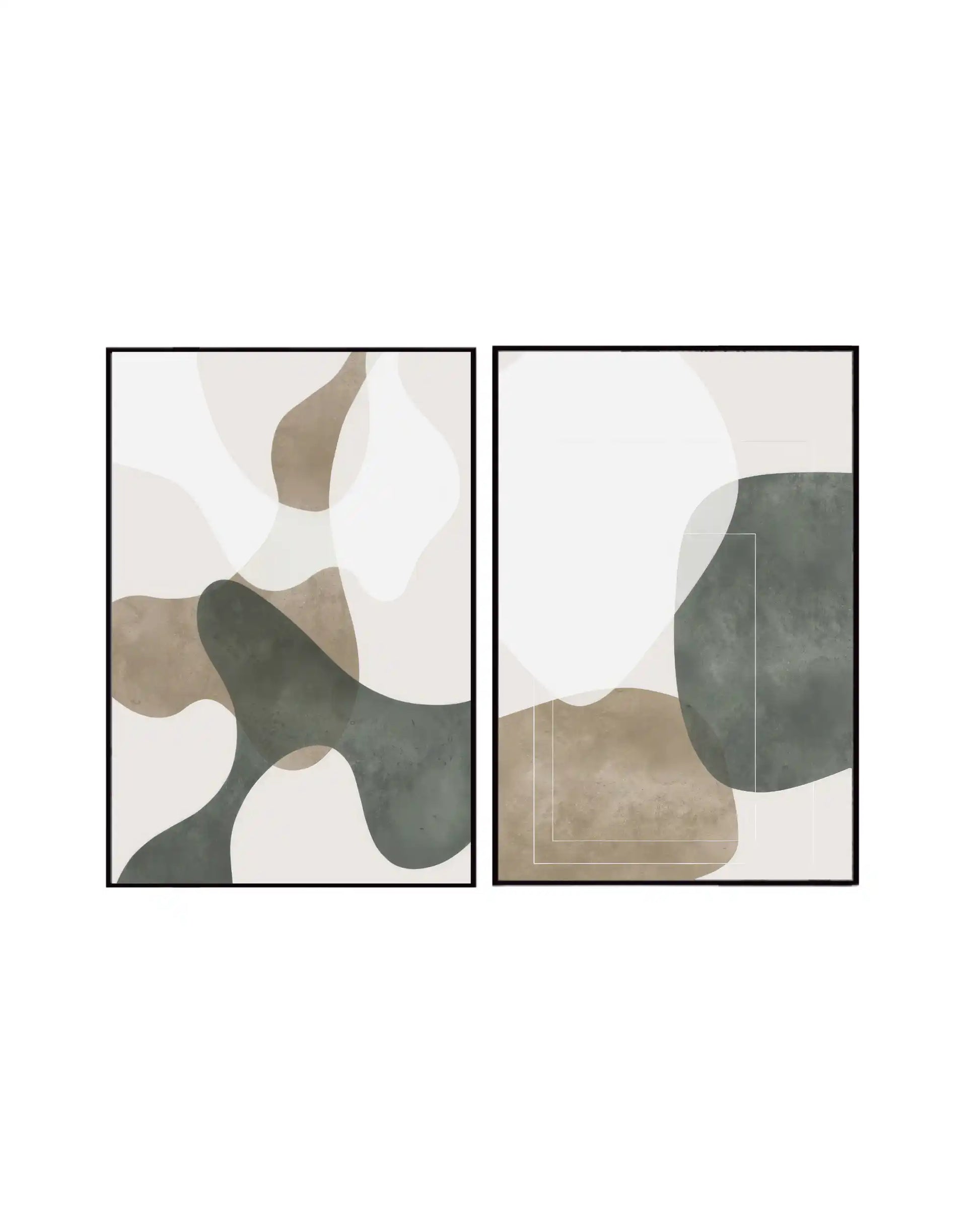 An abstract 2-panel diptych canvas wall art print set featuring translucent sage green and taupe organic shapes layered on a minimalist cream background.