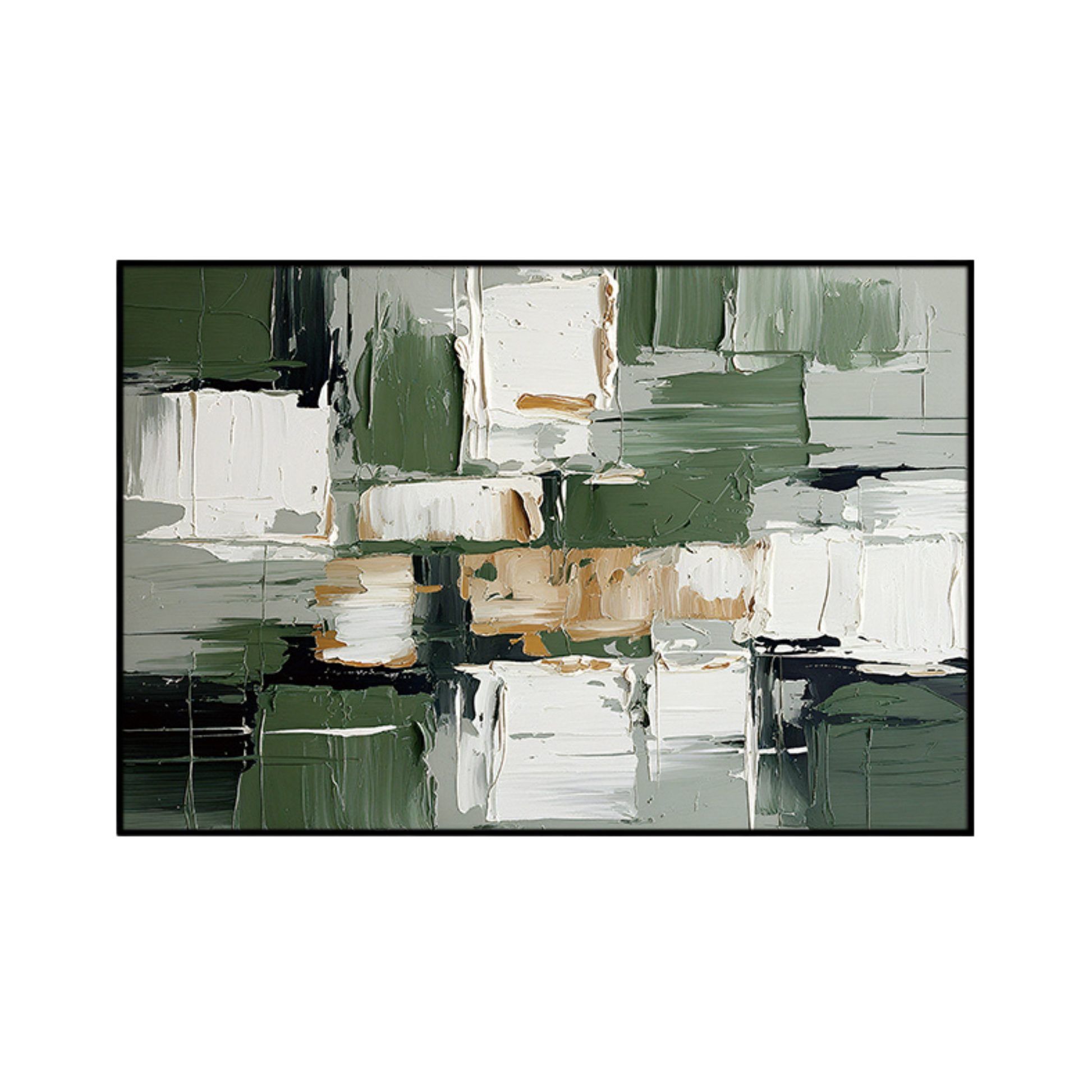 An 80x120 cm sage green and beige abstract canvas print wall art panel depicting minimalist layered rectangular color patches, olive green zones, and white blocks for modern living room decor.