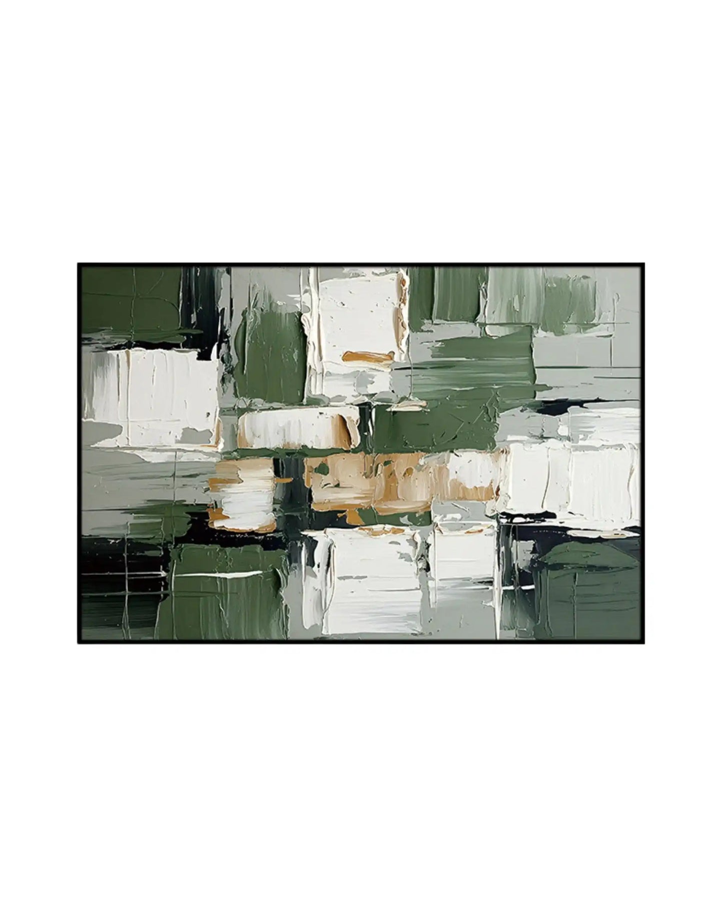 Horizontal canvas print featuring an abstract grid of thick sage green, forest green, white, and ochre beige paint blocks in a black frame.