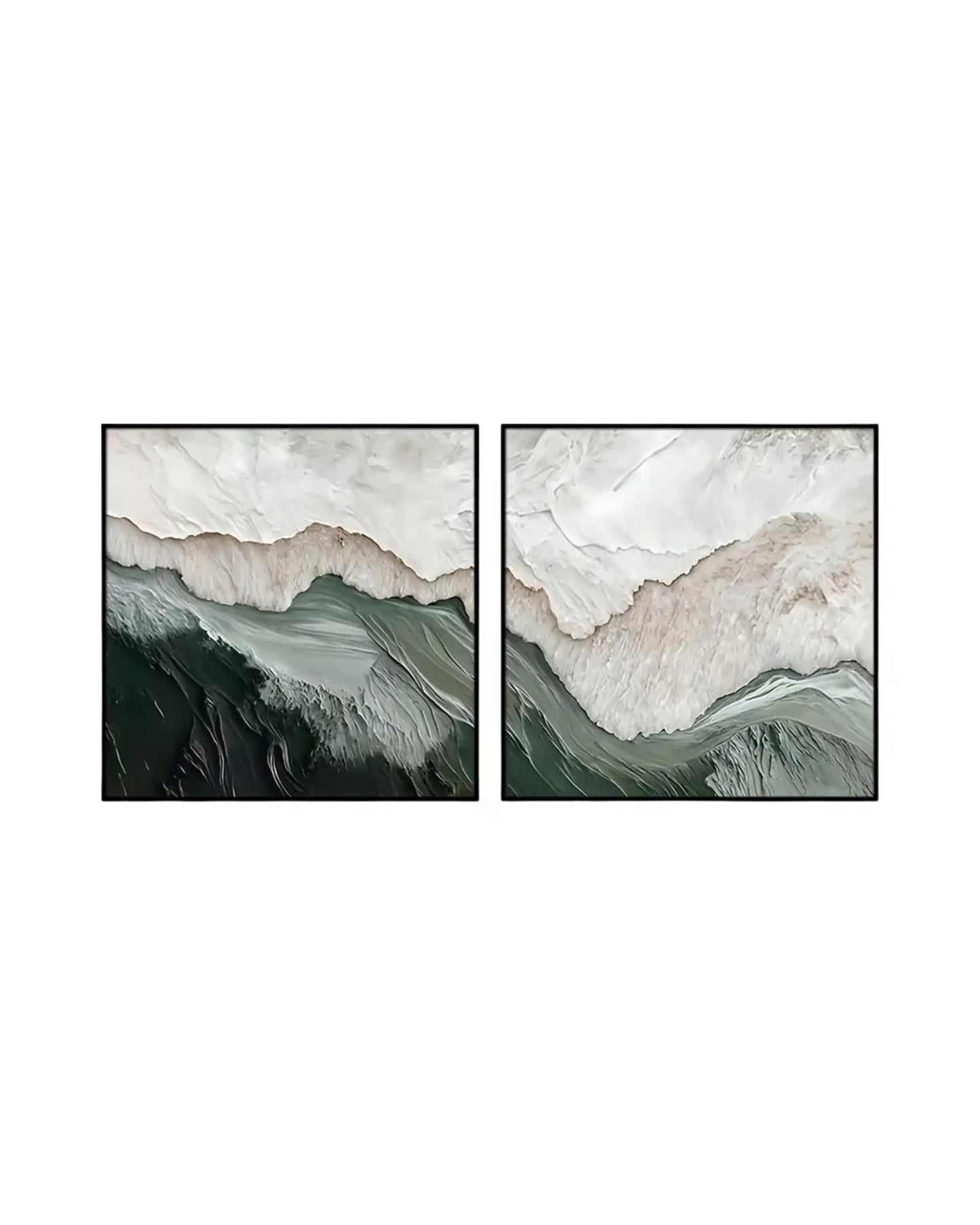 Large square abstract canvas art with sage and moss green mountain ridges and cream wave motifs.