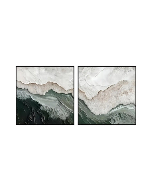 Large square abstract canvas art with sage and moss green mountain ridges and cream wave motifs.
