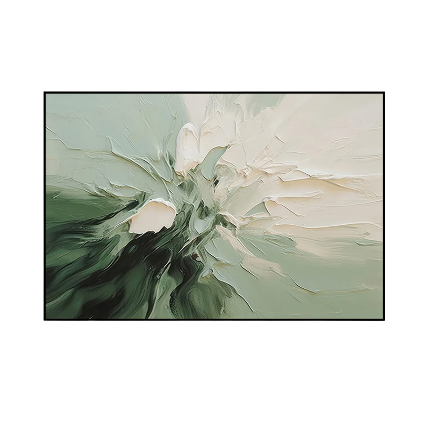 An 80x120 cm sage green and white abstract canvas print wall art panel depicting a minimalist blooming flower motif, sweeping green paths, and white petal strokes for modern living room decor.