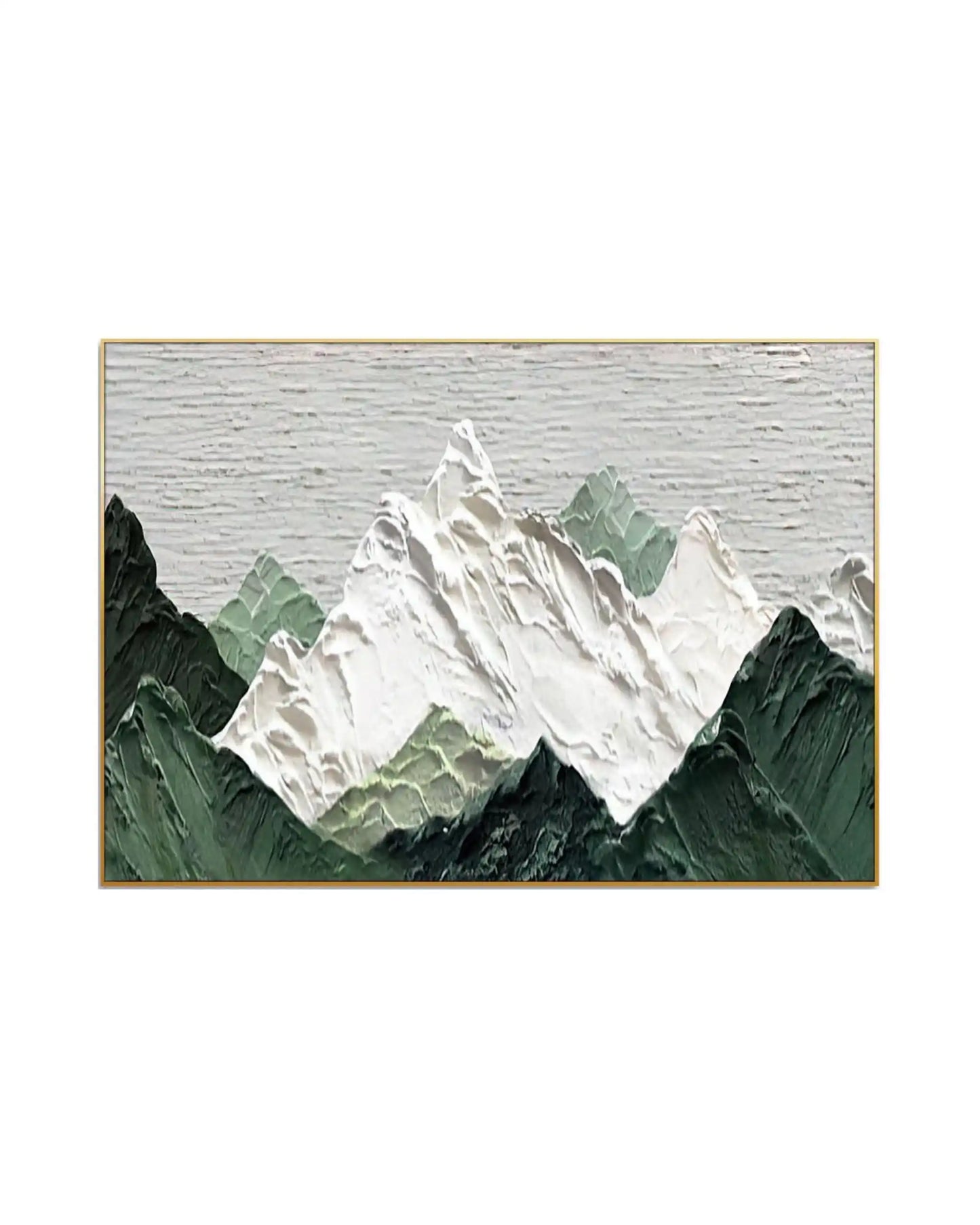 Horizontal canvas print featuring an abstract mountain range with thick white snow peaks, sage green hills, and dark forest green slopes beneath a textured grey sky.