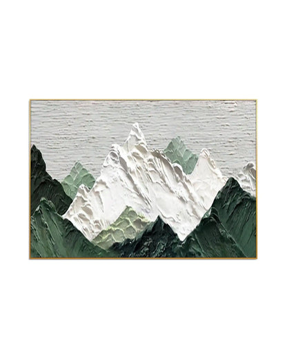 Horizontal canvas print featuring an abstract mountain range with thick white snow peaks, sage green hills, and dark forest green slopes beneath a textured grey sky.