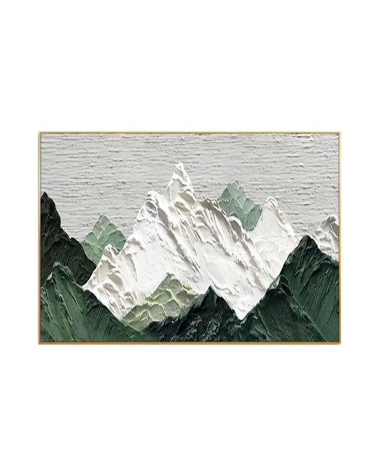 Horizontal canvas print featuring an abstract mountain range with thick white snow peaks, sage green hills, and dark forest green slopes beneath a textured grey sky.