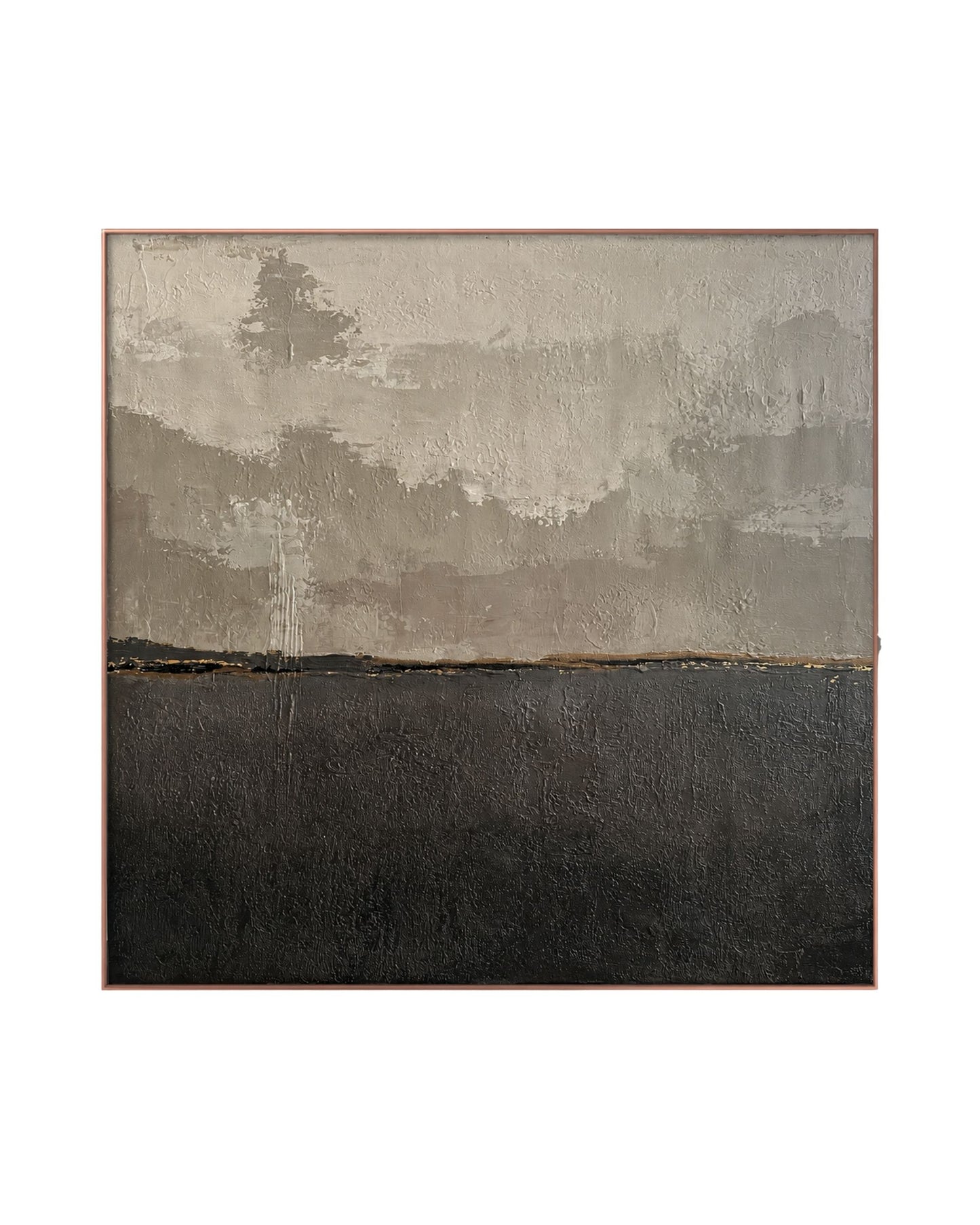 An abstract original hand-painted square canvas wall art panel by Skye titled Sediment of Light, featuring a heavily textured brown and warm grey background with a thick, horizontal band of metallic gold foil near the lower horizon.
