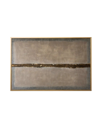 The Silent Thread original hand-painted canvas wall art panel by Skye depicting an authentic textured layout with a warm taupe field, deep charcoal grey borders, and a prominent horizontal gold foil horizon line for upscale living room decor.