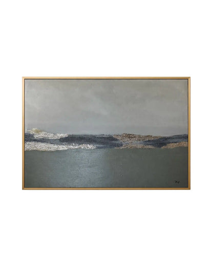 The Still Grounds original hand-painted canvas wall art panel by Skye depicting an authentic textured landscape layout with a dark olive base, a soft grey upper field, and a shimmering horizontal champagne gold foil horizon line for upscale living room decor.