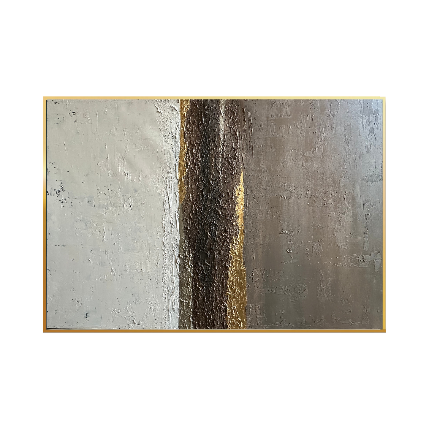 The Still Passage 85x125 cm original hand-painted canvas wall art panel by Skye depicting an authentic textured layout of an open off-white block, weathered grey fields, and a central shimmering gold foil bridge for premium living room decor.