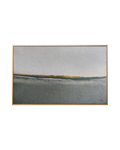The Strength Through Softness original hand-painted canvas wall art panel by Skye depicting an authentic textured landscape layout with a heavily textured grey and olive green base, a soft off-white upper field, and a shimmering horizontal gold foil horizon line for upscale living room decor.