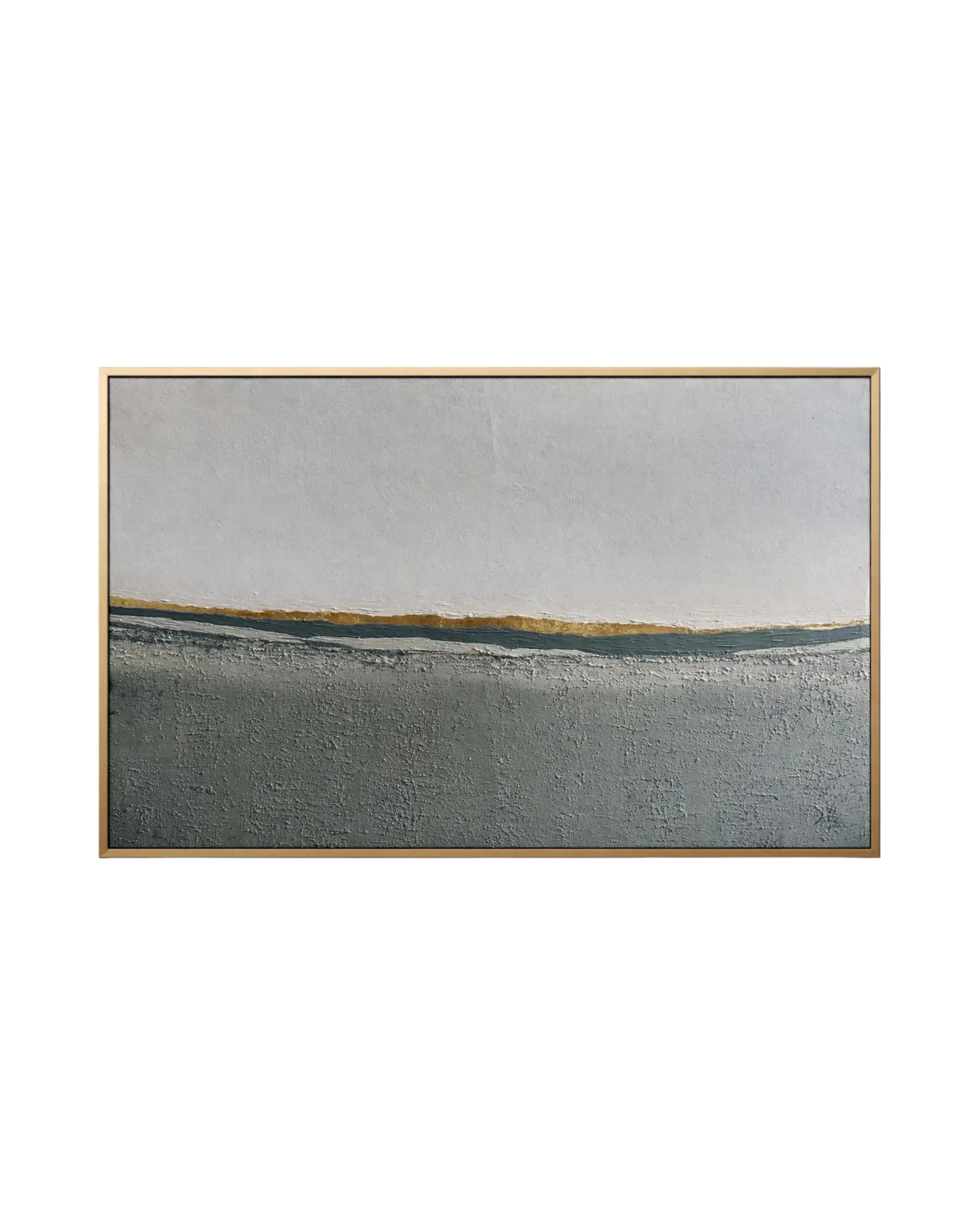 The Strength Through Softness original hand-painted canvas wall art panel by Skye depicting an authentic textured landscape layout with a heavily textured grey and olive green base, a soft off-white upper field, and a shimmering horizontal gold foil horizon line for upscale living room decor.
