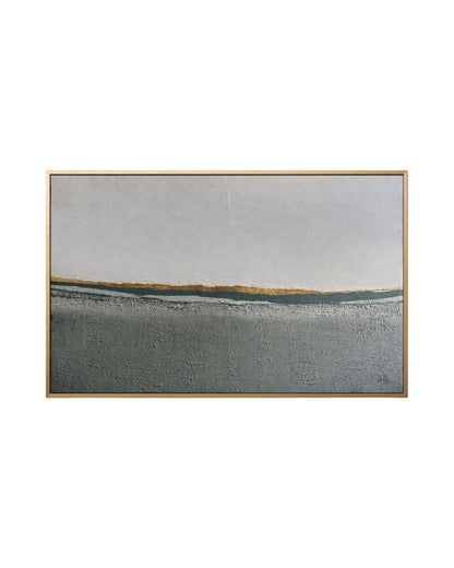 The Strength Through Softness original hand-painted canvas wall art panel by Skye depicting an authentic textured landscape layout with a heavily textured grey and olive green base, a soft off-white upper field, and a shimmering horizontal gold foil horizon line for upscale living room decor.