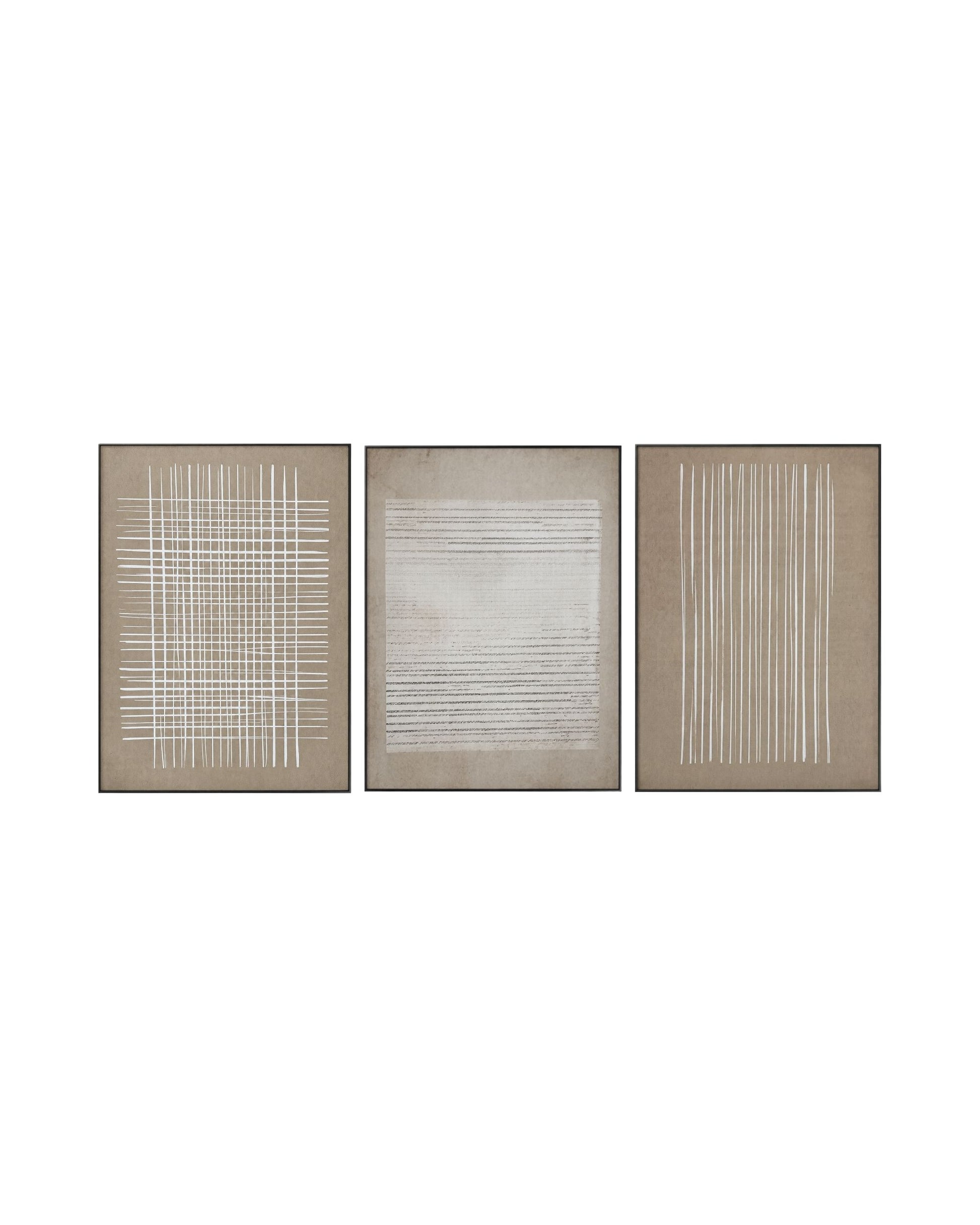 Set of three wabi-sabi art pieces with tan and beige tones on a white background