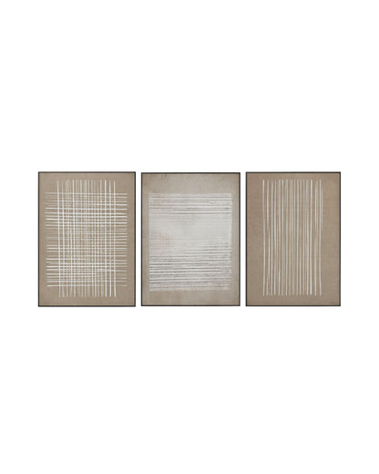 Set of three wabi-sabi art pieces with tan and beige tones on a white background