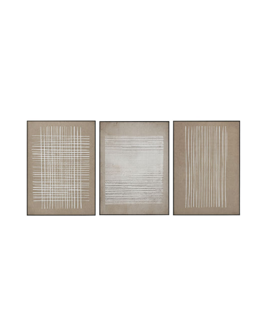 Set of three wabi-sabi art pieces with tan and beige tones on a white background