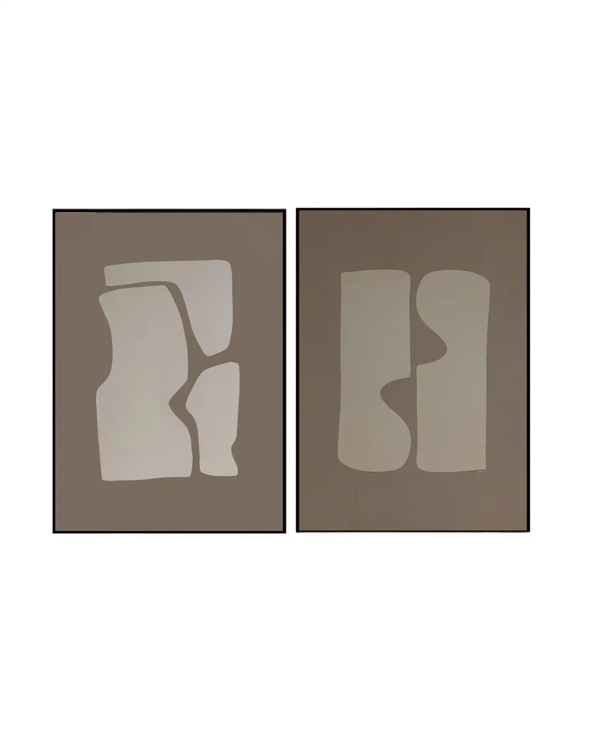 An abstract 2-panel diptych canvas wall art print set featuring organic beige cutout shapes set against a solid warm taupe background for neutral home decor.