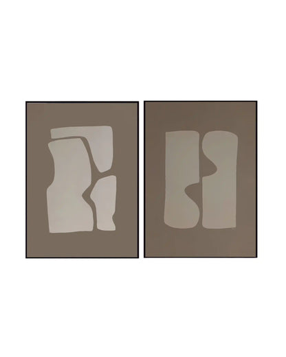 An abstract 2-panel diptych canvas wall art print set featuring organic beige cutout shapes set against a solid warm taupe background for neutral home decor.