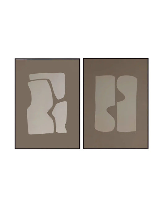 An abstract 2-panel diptych canvas wall art print set featuring organic beige cutout shapes set against a solid warm taupe background for neutral home decor.