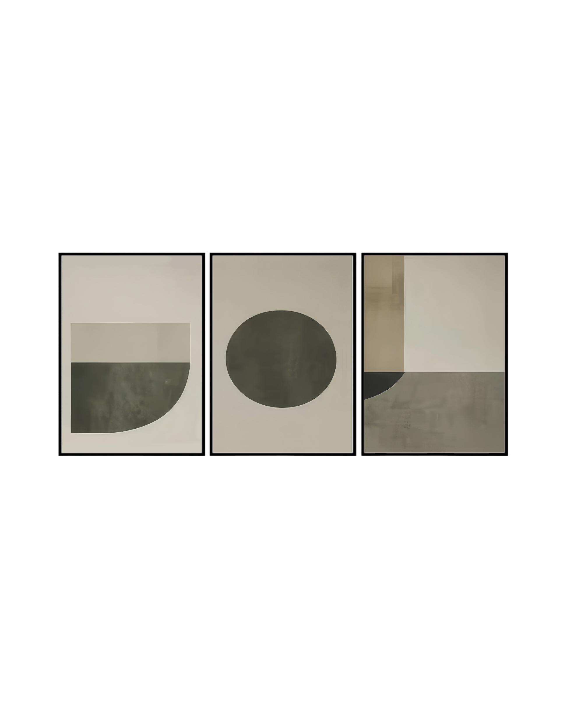 A geometric abstract 3-panel triptych canvas wall art print set depicting minimalist circular and block shapes in sage green, olive, taupe, and cream for Japandi home decor.