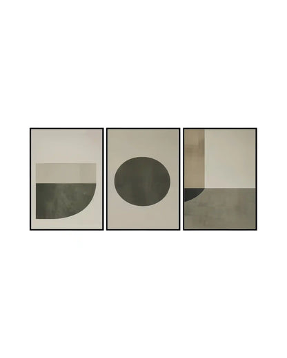 A geometric abstract 3-panel triptych canvas wall art print set depicting minimalist circular and block shapes in sage green, olive, taupe, and cream for Japandi home decor.