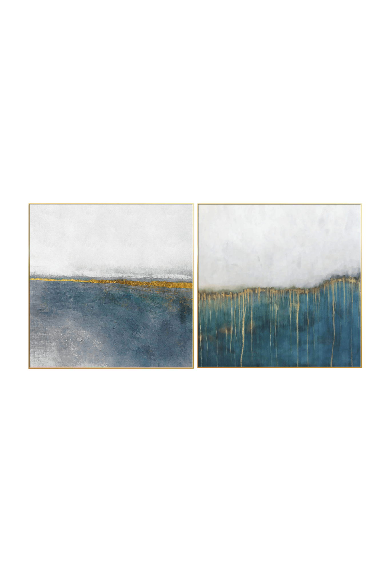 Two teal blue and gold abstract canvas print wall art panels depicting a minimalist ocean horizon, soft grey mist, and metallic gold vertical drips for modern living room decor.