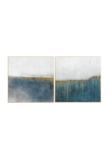 Two teal blue and gold abstract canvas print wall art panels depicting a minimalist ocean horizon, soft grey mist, and metallic gold vertical drips for modern living room decor.