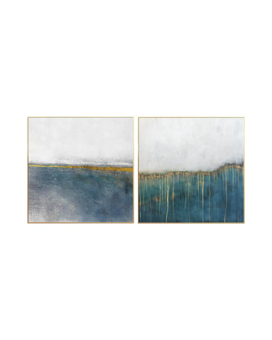 Modern abstract diptych canvas art featuring teal blue and grey coastal horizons with shimmering metallic gold drips in gold frames.
