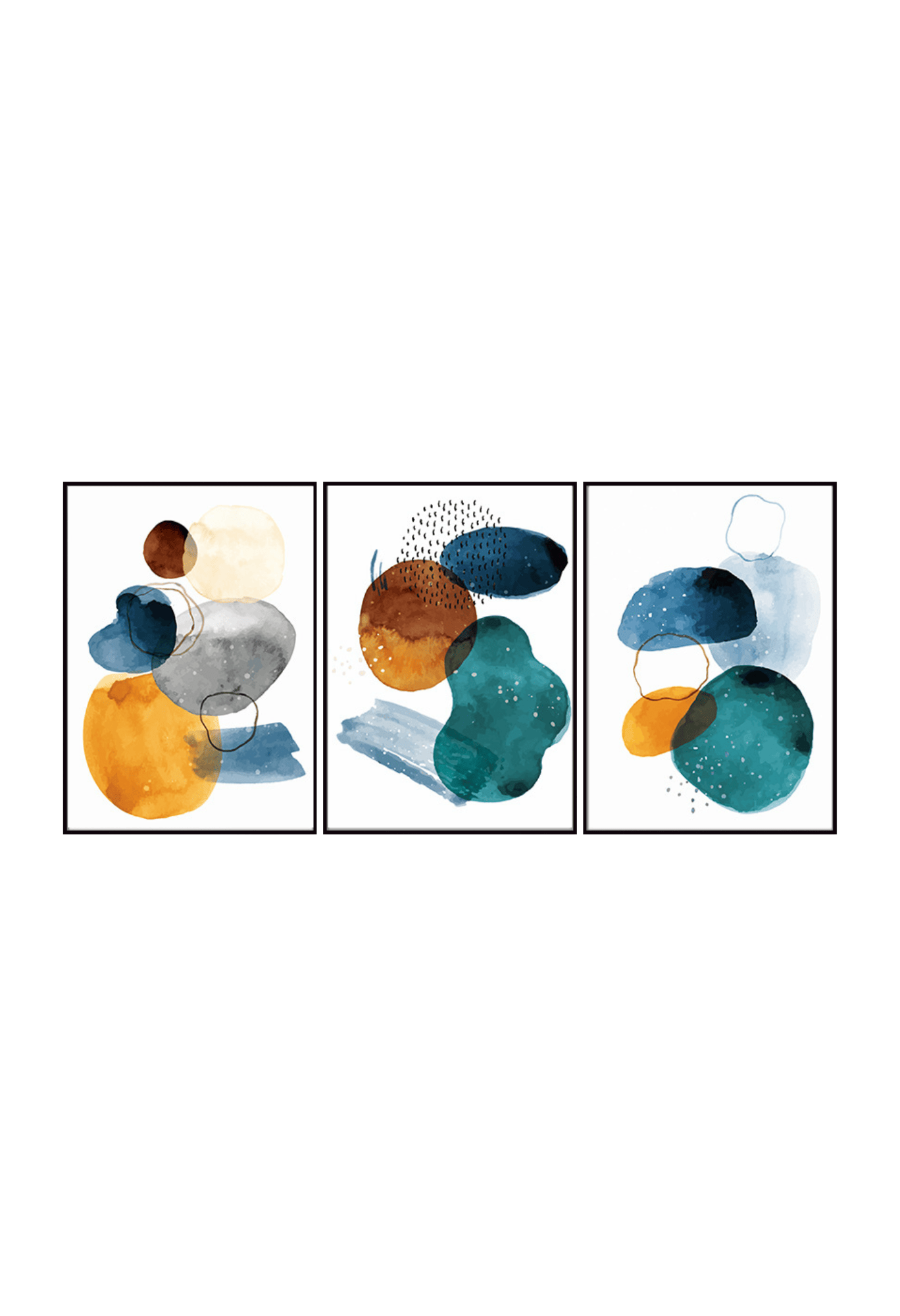 Three 50x70 cm teal blue and terracotta abstract canvas print wall art panels depicting minimalist overlapping organic watercolor pebbles, line loops, and splatter dots for modern living room decor.