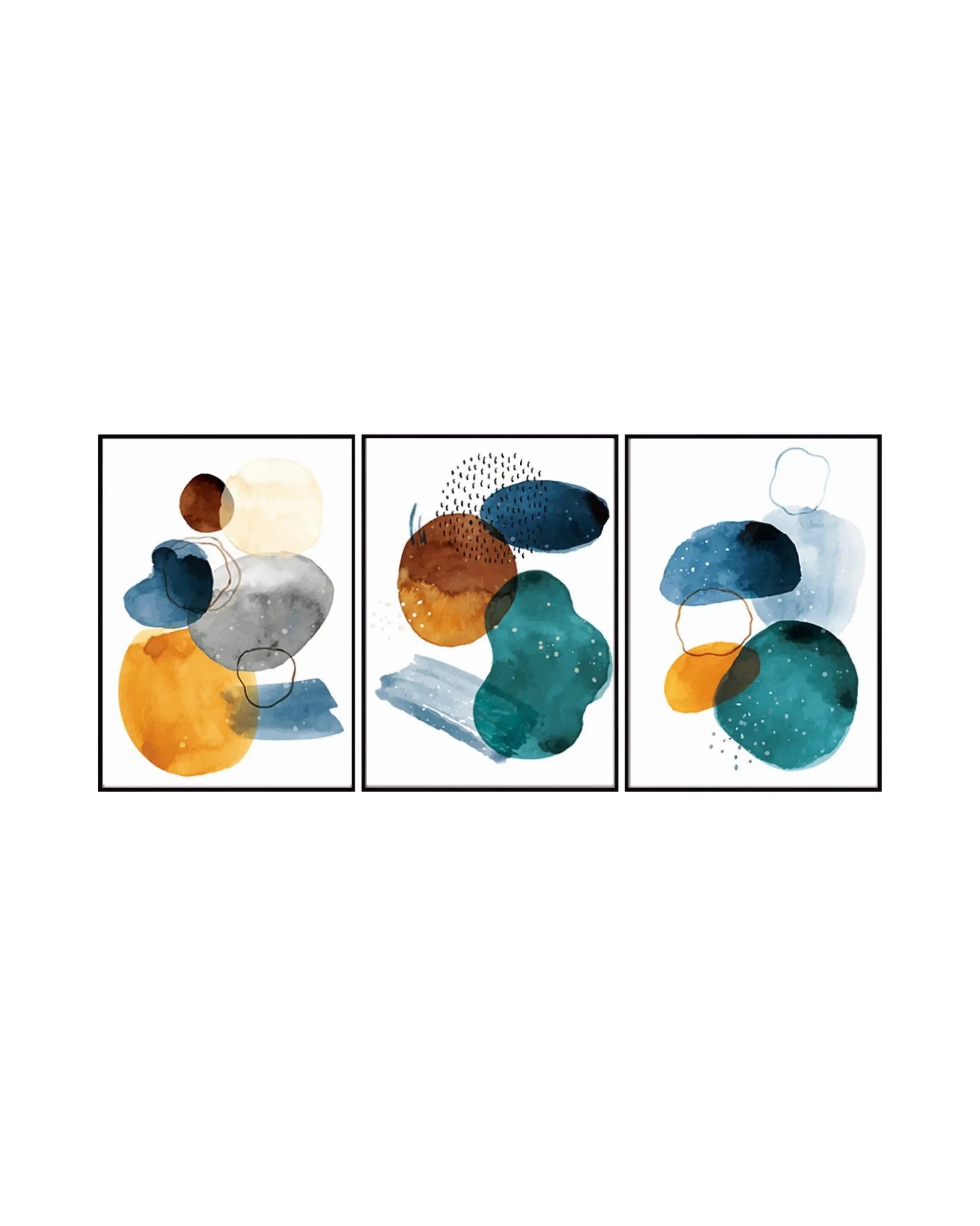 Modern minimalist abstract triptych canvas prints featuring fluid watercolor blobs, organic pebble shapes, fine pinstripe dashes, and delicate linework loops in teal, navy blue, marigold yellow, terracotta orange, and charcoal grey.