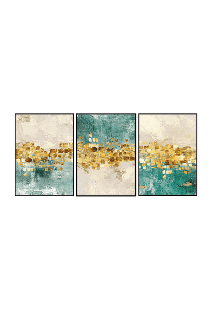 Three teal and gold color abstract canvas print wall art panels depicting minimalist horizontal yellow gold graphic squares, turquoise layers, and beige segments for modern living room decor.