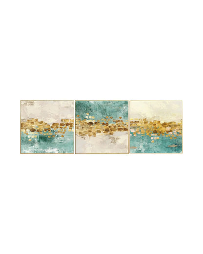 Modern minimalist abstract triptych canvas prints featuring heavy impasto palette knife textures, shimmering gold leaf foil accents, and structured mosaic block patterns in teal green, turquoise, cream white, and beige.