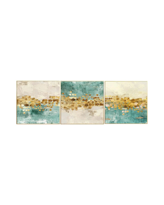Modern minimalist abstract triptych canvas prints featuring heavy impasto palette knife textures, shimmering gold leaf foil accents, and structured mosaic block patterns in teal green, turquoise, cream white, and beige.